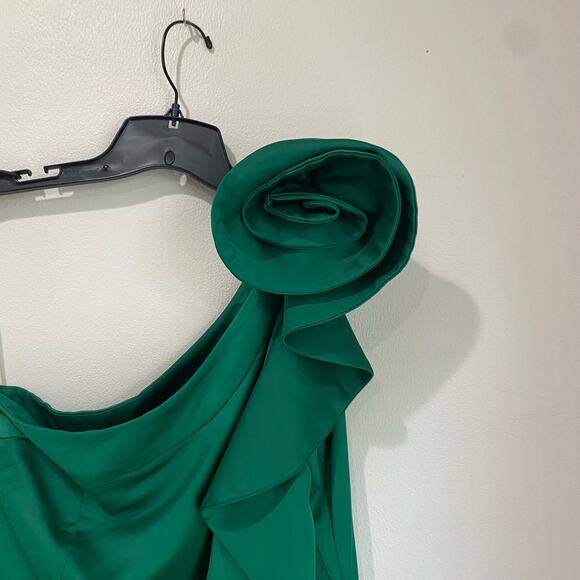 Mango Dark Green One-Shoulder Rose Ruffle Maxi Dress Size 8 - Picture 4 of 10